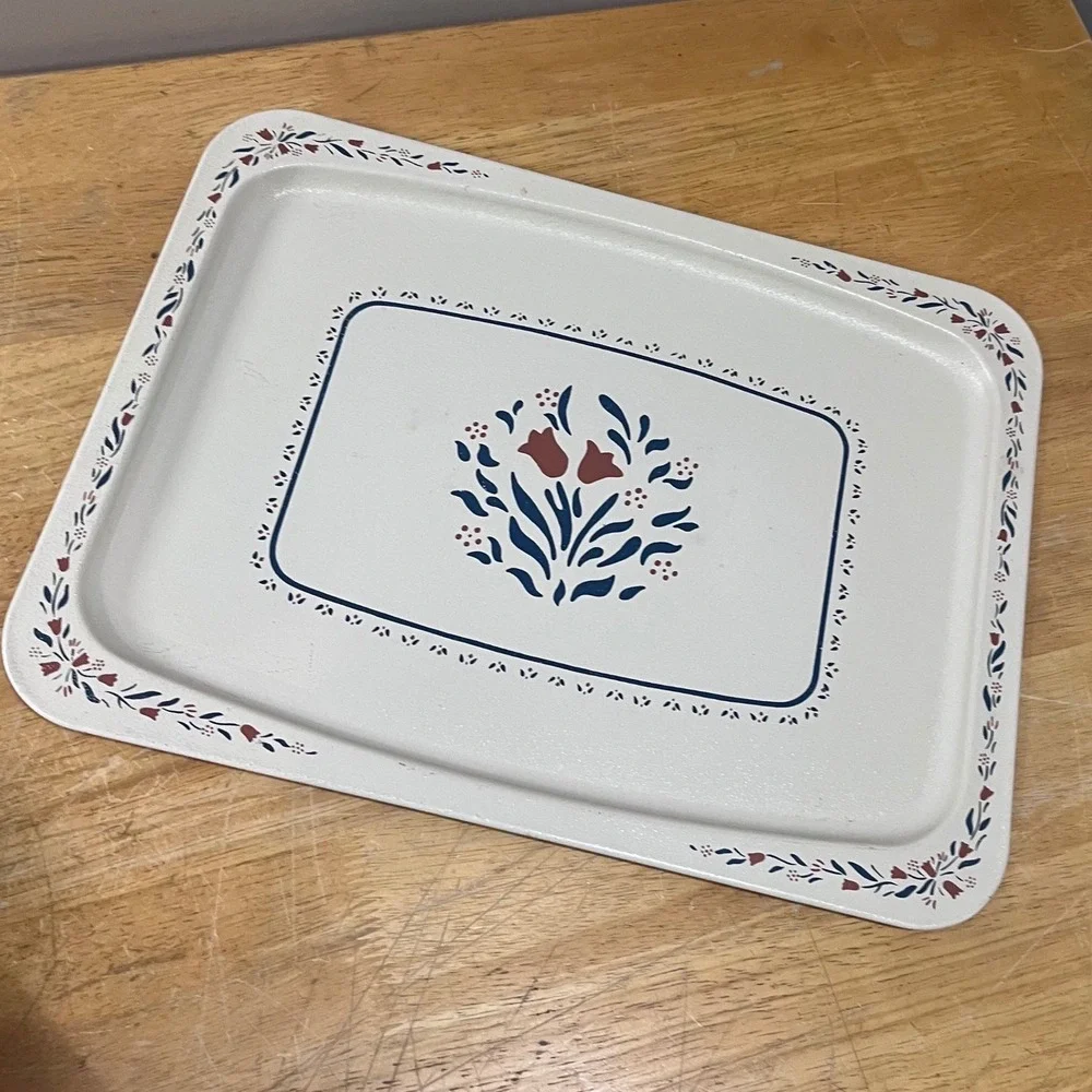 Vtg Folk Art‎ Floral Metal Serving Tray Cream Navy Blue Burgundy Country Cottage